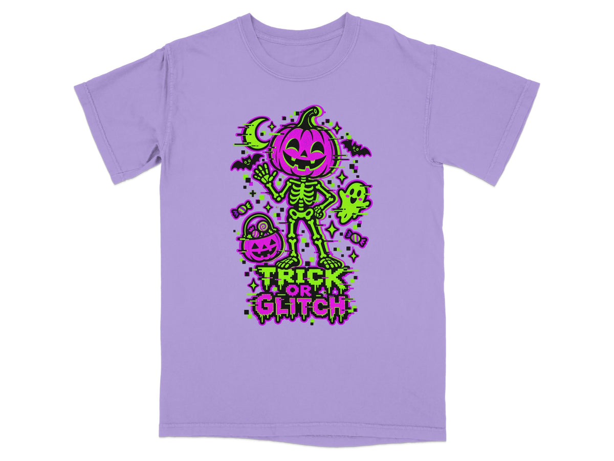 Purple t-shirt with a glitch art Halloween design featuring a skeleton, pumpkin, and ghost.