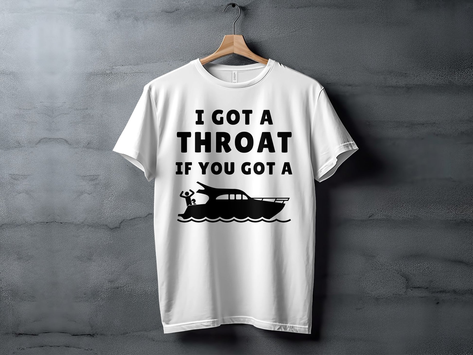 White t-shirt with black text and a black boat silhouette.