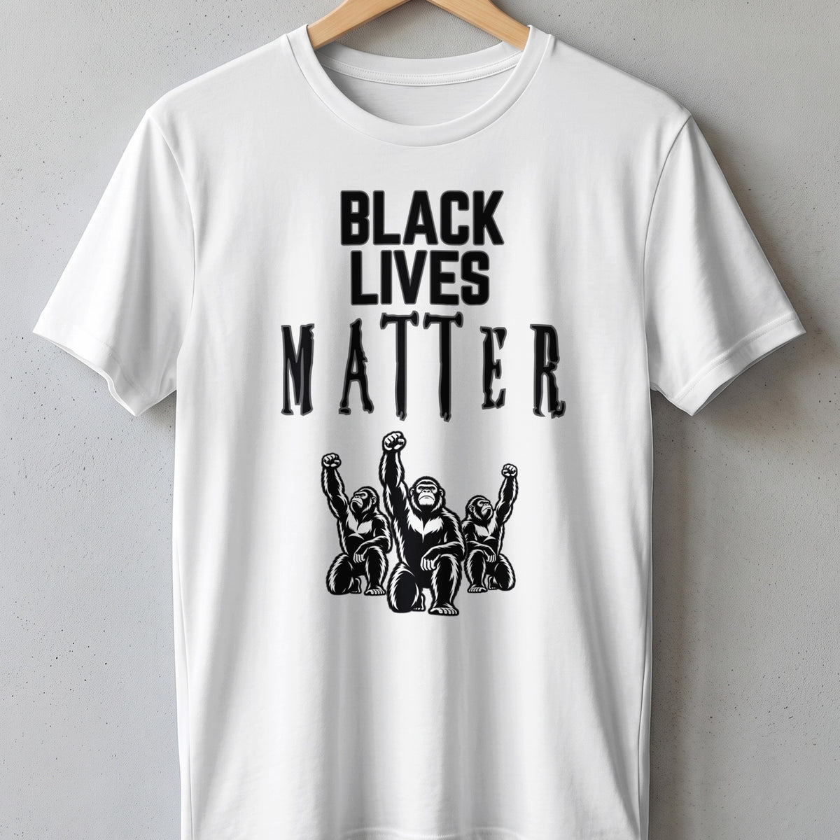 White t-shirt with "BLACK LIVES MATTER" text and three gorillas with raised fists.