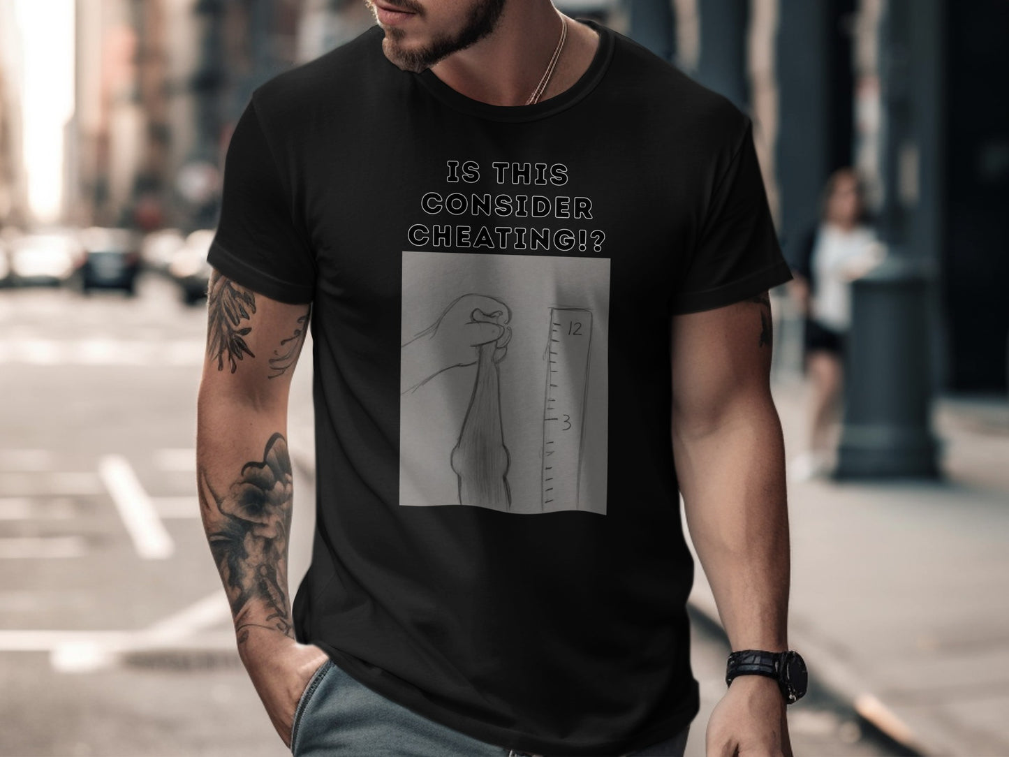 Black t-shirt with a drawing of a hand holding a bottle next to a ruler and the text "IS THIS CONSIDER CHEATING!?"