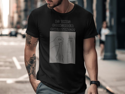Black t-shirt with a drawing of a hand holding a bottle next to a ruler and the text "IS THIS CONSIDER CHEATING!?"