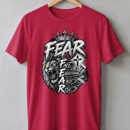 Red t-shirt with a graphic of a lion and text that reads "FEAR FACE EVERYTHING AND RISE".