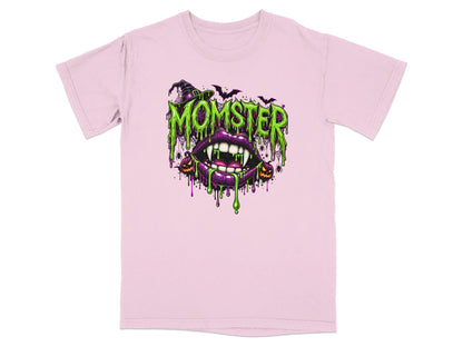 Pink t-shirt with "MOMSTER" text, vampire lips, witch hat, pumpkins, and bats.