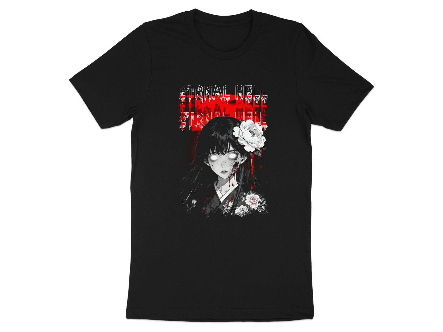 Black t-shirt with anime girl graphic and "ETERNAL HELL" text.