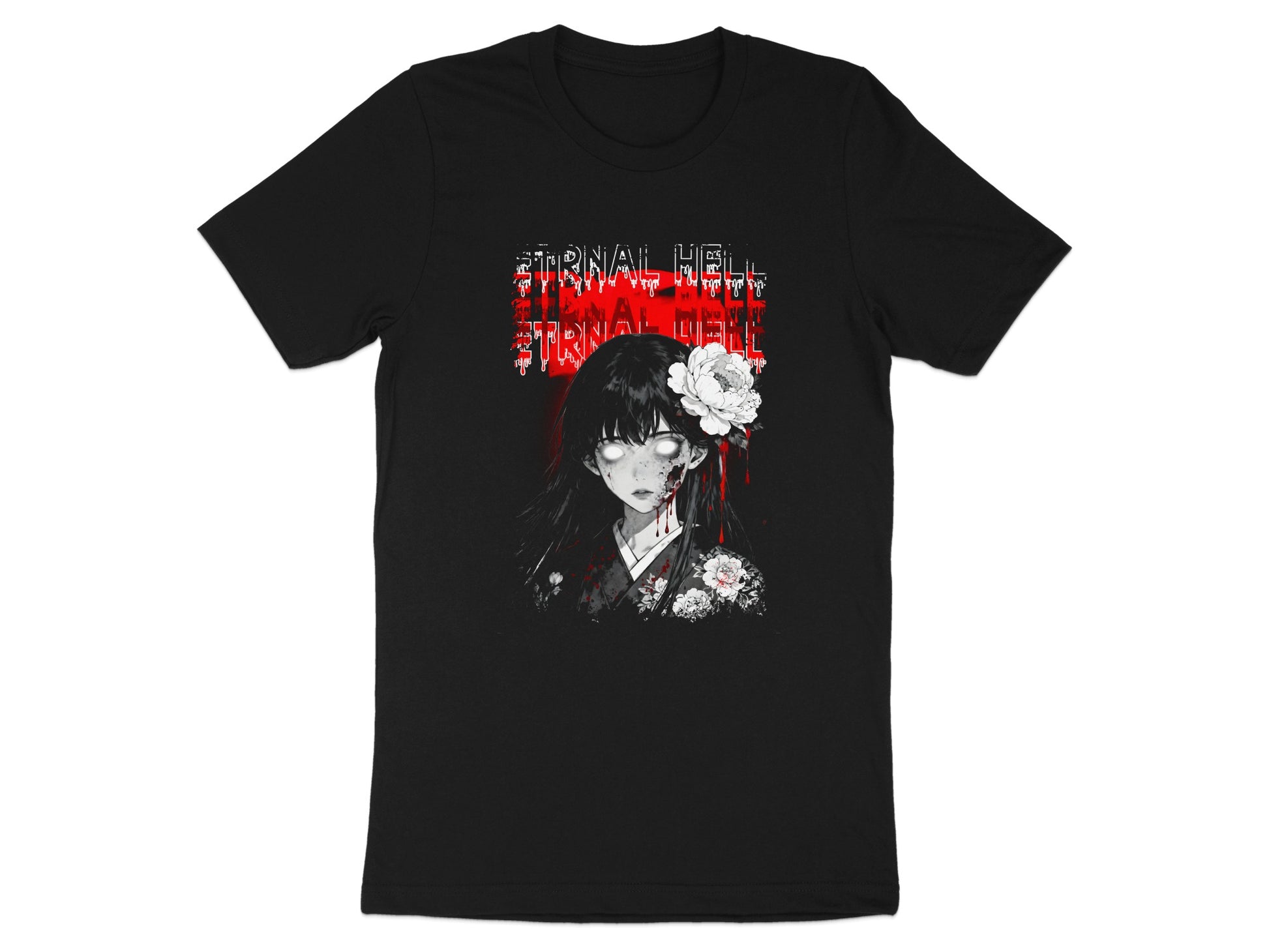 Black t-shirt with anime girl graphic and "ETERNAL HELL" text.