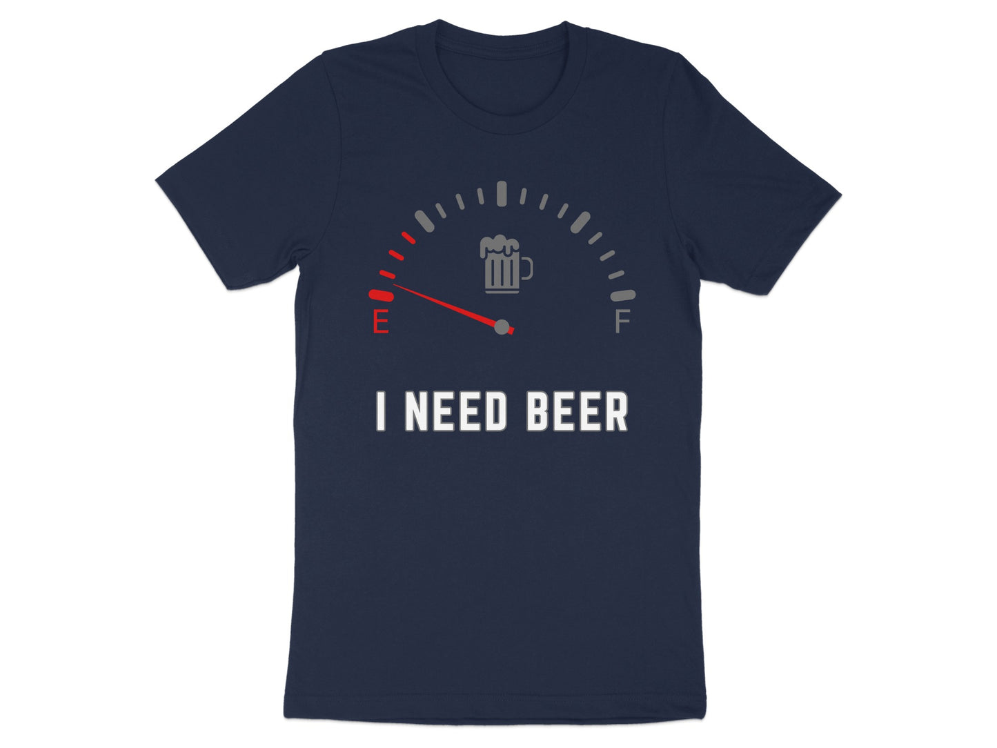 Dark navy t-shirt with a beer gauge graphic and "I NEED BEER" text.