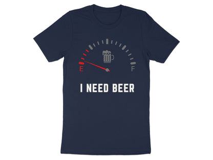 Dark navy t-shirt with a beer gauge graphic and "I NEED BEER" text.