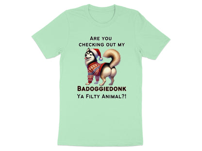 Light green t-shirt with text and a husky wearing a Santa hat and sweater.