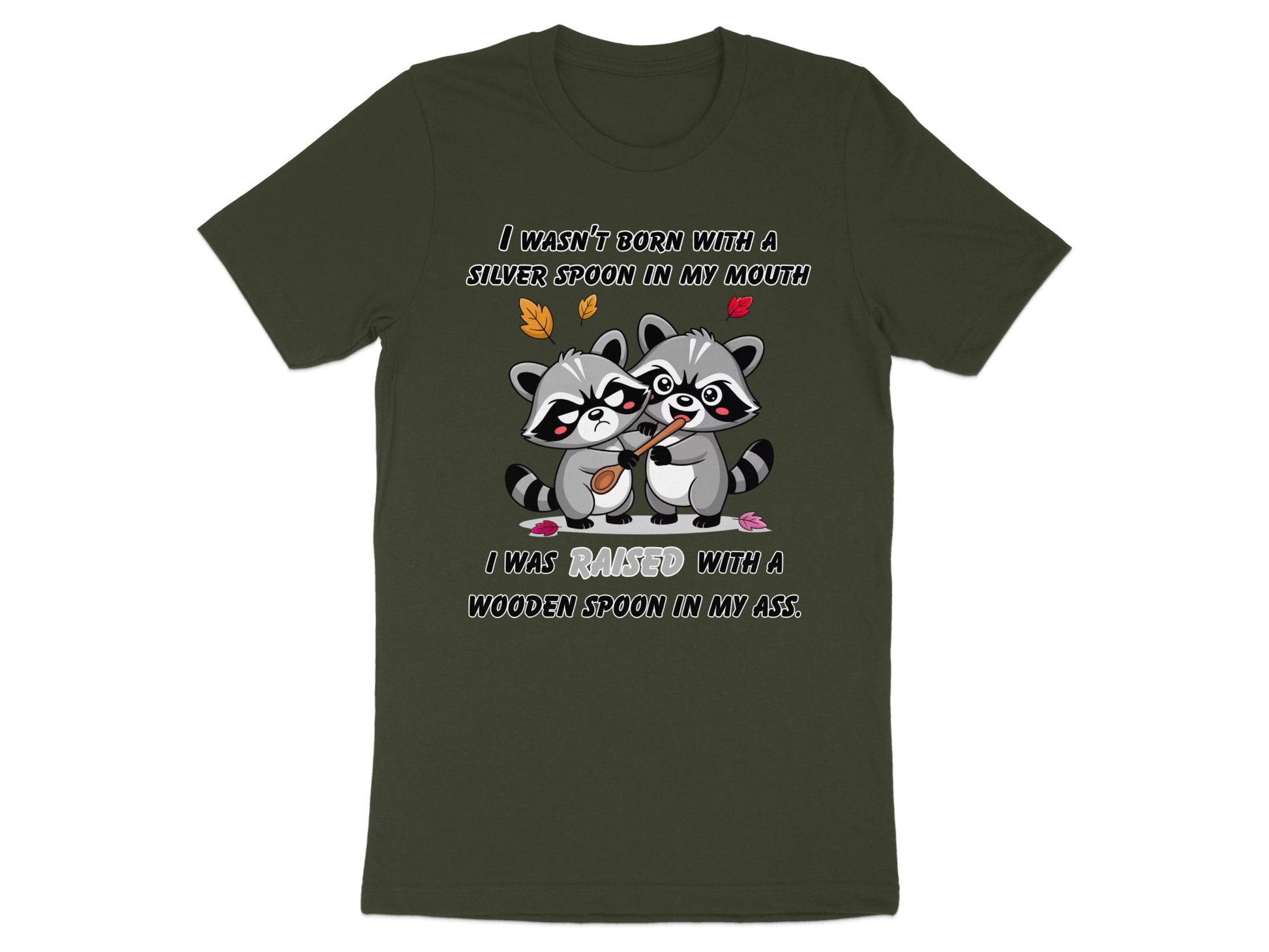 Two raccoons with a wooden spoon, text: I wasn't born with a silver spoon in my mouth.