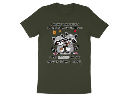 Two raccoons with a wooden spoon, text: I wasn't born with a silver spoon in my mouth.
