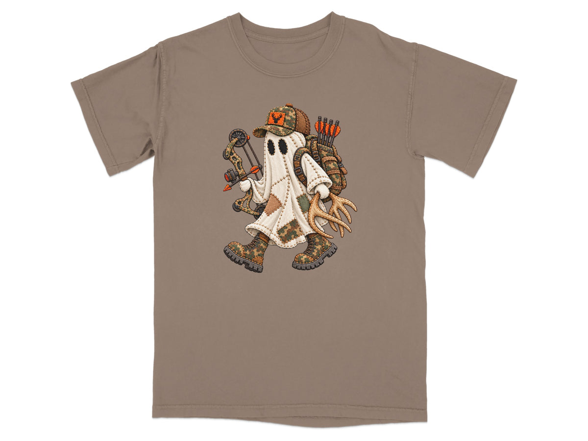 Ghost wearing camouflage boots, hat, and backpack with bow and arrows.