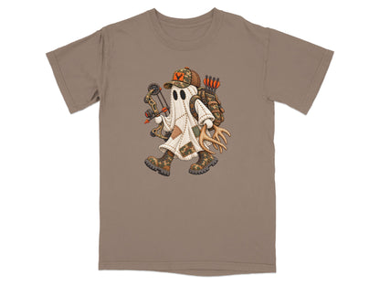 Ghost wearing camouflage boots, hat, and backpack with bow and arrows.