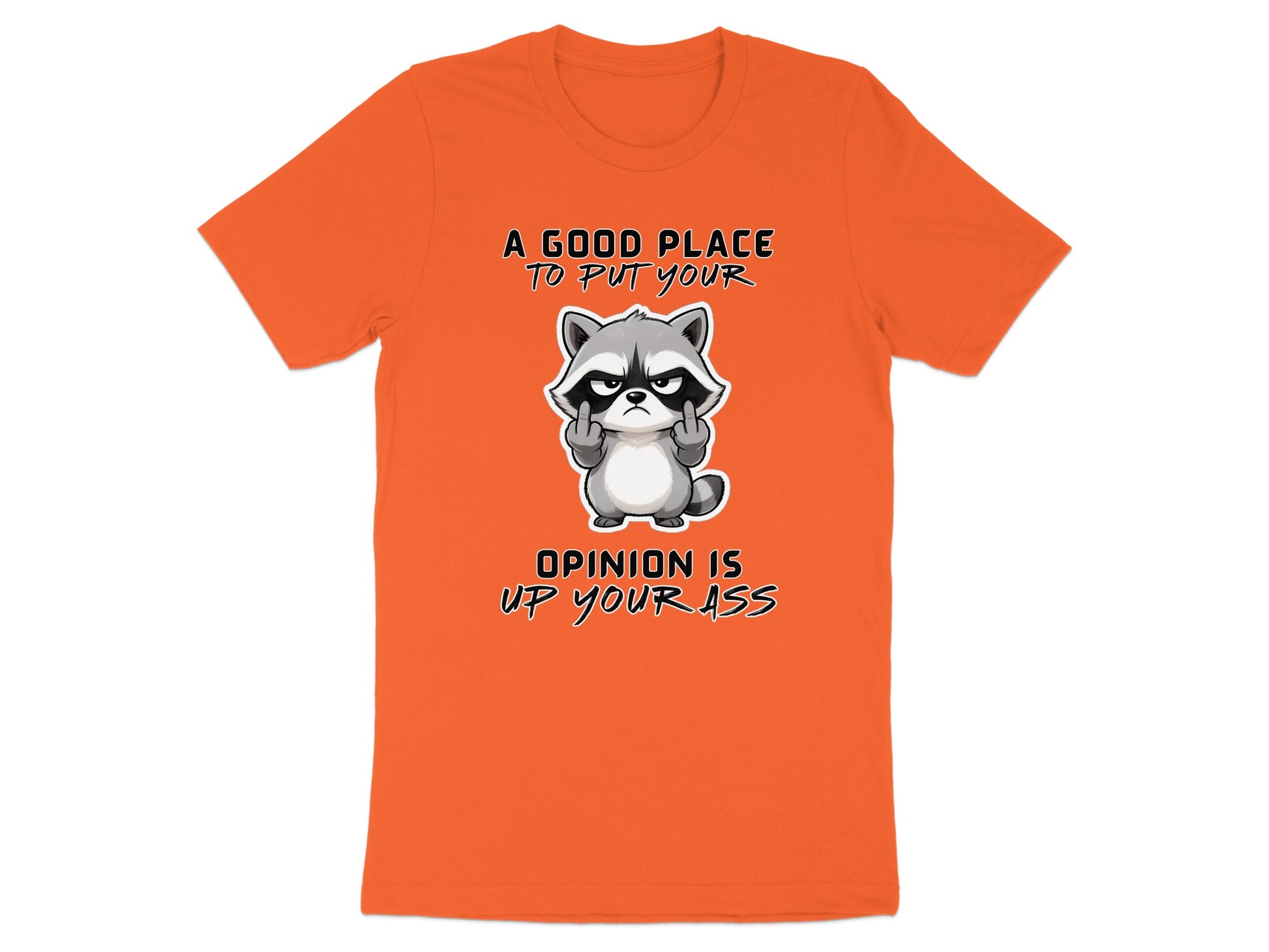 Orange t-shirt with a raccoon giving the middle finger and text.