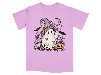 Ghost in witch hat with pumpkin, mushrooms, bats, and moon illustration on lilac t-shirt.