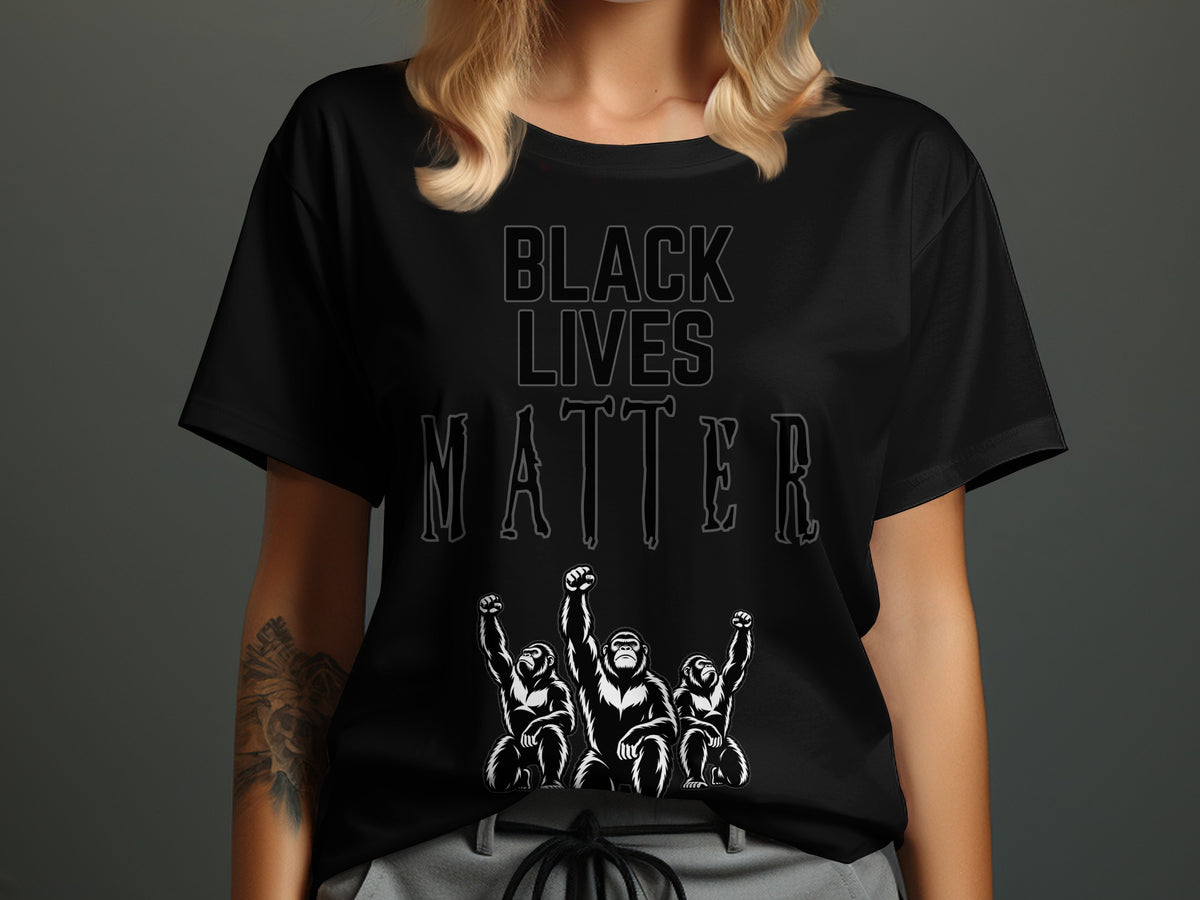 Black Lives Matter text with three gorillas raising fists on a black t-shirt.
