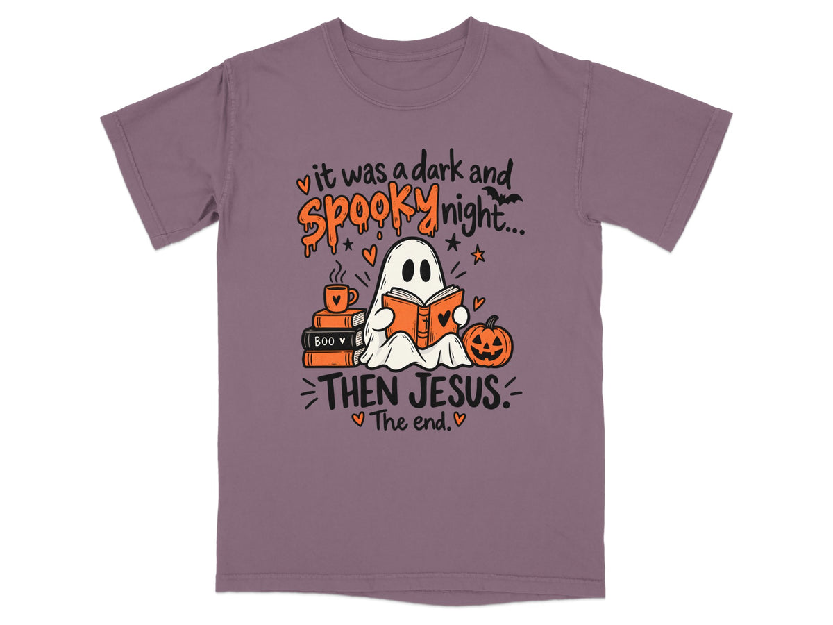 Ghost reading a book with text "it was a dark and spooky night... THEN JESUS... The end."