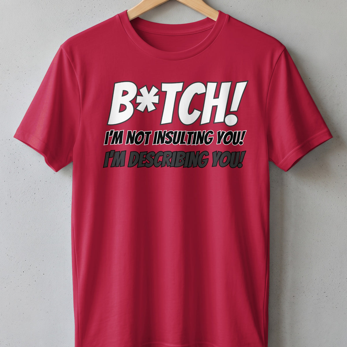 Red t-shirt with "B*tch! I'm not insulting you! I'm describing you!" text.