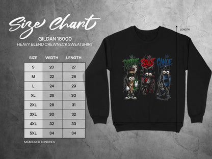 Gildan 18000 heavy blend sweatshirt size chart with measurements in inches.