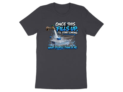 Dark grey t-shirt with graphic of a shopping cart filling with water and text.
