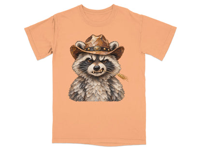 Raccoon wearing a cowboy hat and chewing on a wheat stalk.