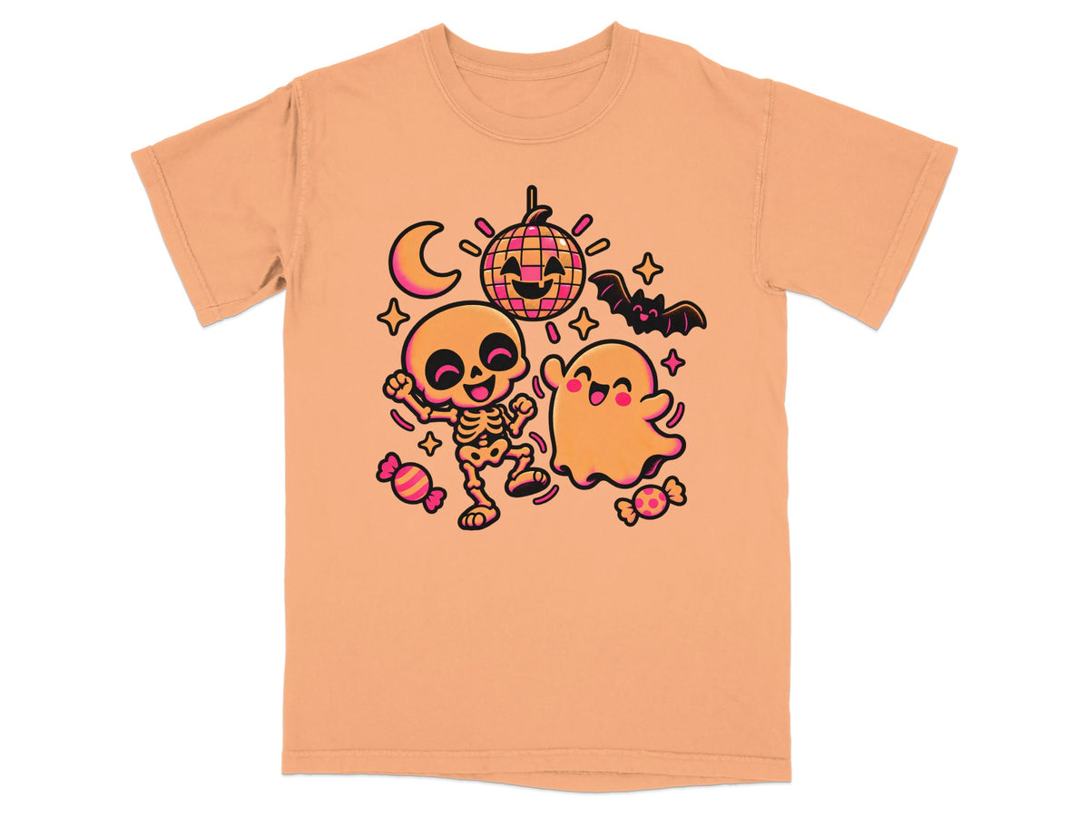 T-shirt with cartoon skeleton, ghost, bat, disco ball, and candy.