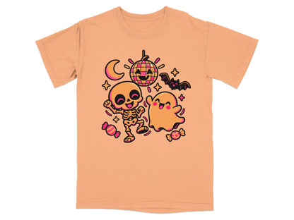 T-shirt with cartoon skeleton, ghost, bat, disco ball, and candy.