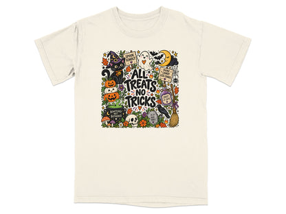 Cream t-shirt with "All Treats No Tricks" Halloween graphic featuring a black cat, ghost, pumpkins, and moon.