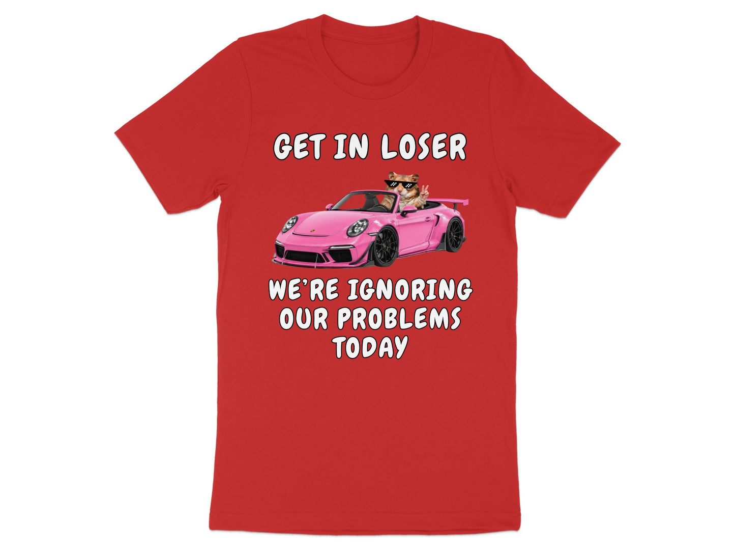 Red t-shirt with text "Get In Loser" and cat in pink car.