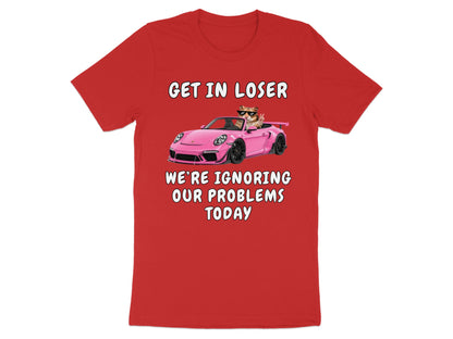 Red t-shirt with text "Get In Loser" and cat in pink car.