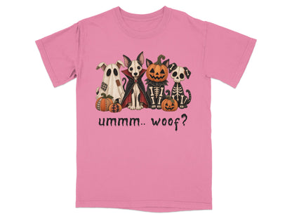Pink t-shirt with four Halloween-themed dogs and pumpkins, text reads "uhmmm.. woof?"