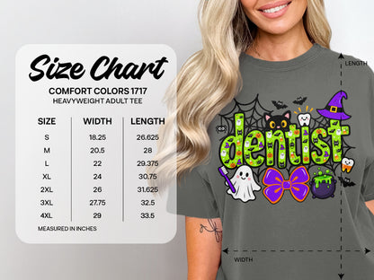 A grey t-shirt featuring a Halloween dentist graphic beside a size chart with measurements from S to 4XL.
