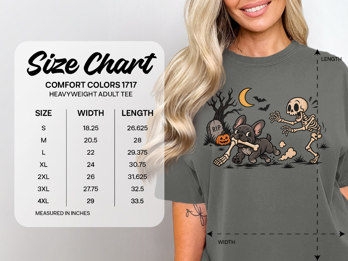 Comfort Colors 1717 size chart for heavyweight adult tee with Halloween graphic.