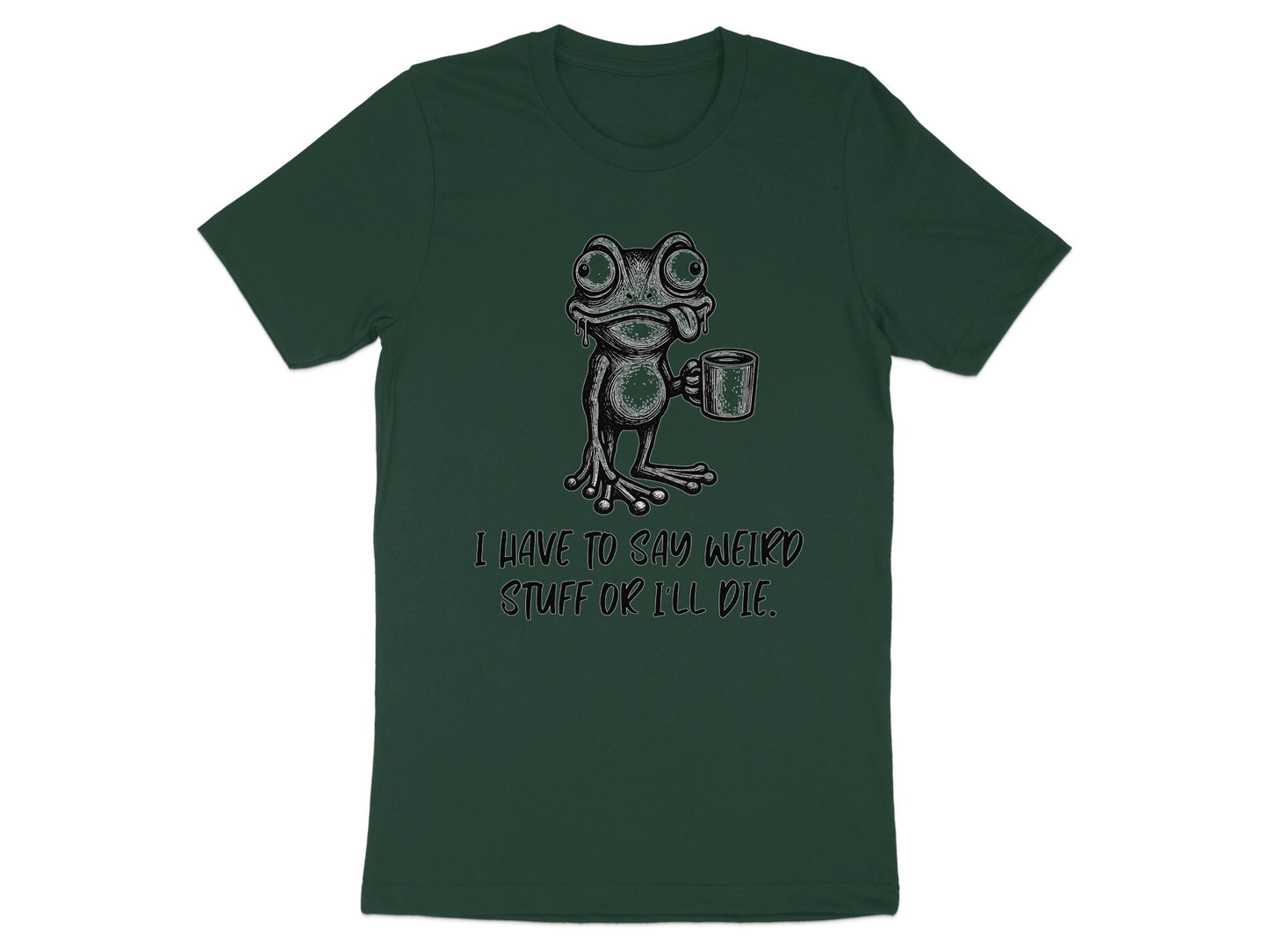 Dark green t-shirt with a distressed frog holding a mug and text.