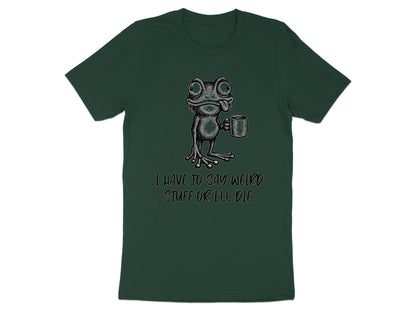 Dark green t-shirt with a distressed frog holding a mug and text.