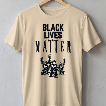 Light beige t-shirt with "BLACK LIVES MATTER" text and three gorillas raising fists.