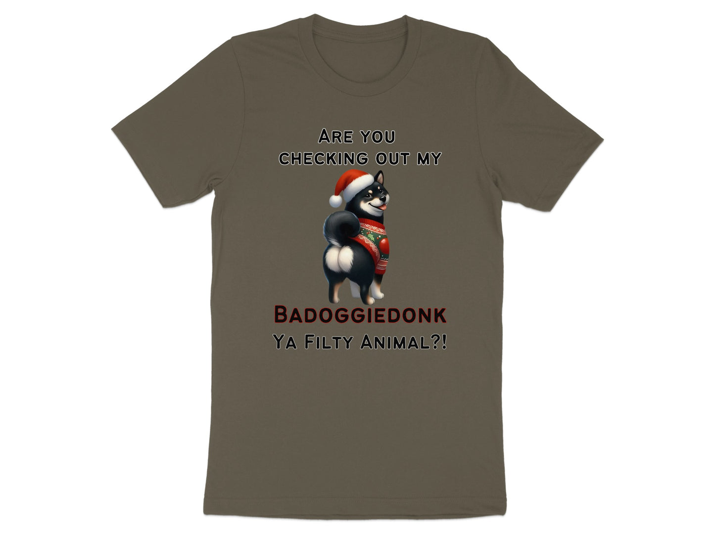 Shiba Inu dog in Santa hat and sweater with text "BADOGGIEDONK YA FILTY ANIMAL?!".