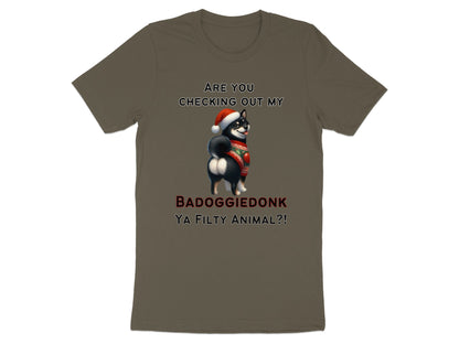 Shiba Inu dog in Santa hat and sweater with text "BADOGGIEDONK YA FILTY ANIMAL?!".