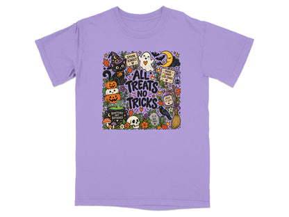 Purple t-shirt with Halloween graphic: "All Treats No Tricks," black cat, ghost, pumpkins, moon, and spooky elements.