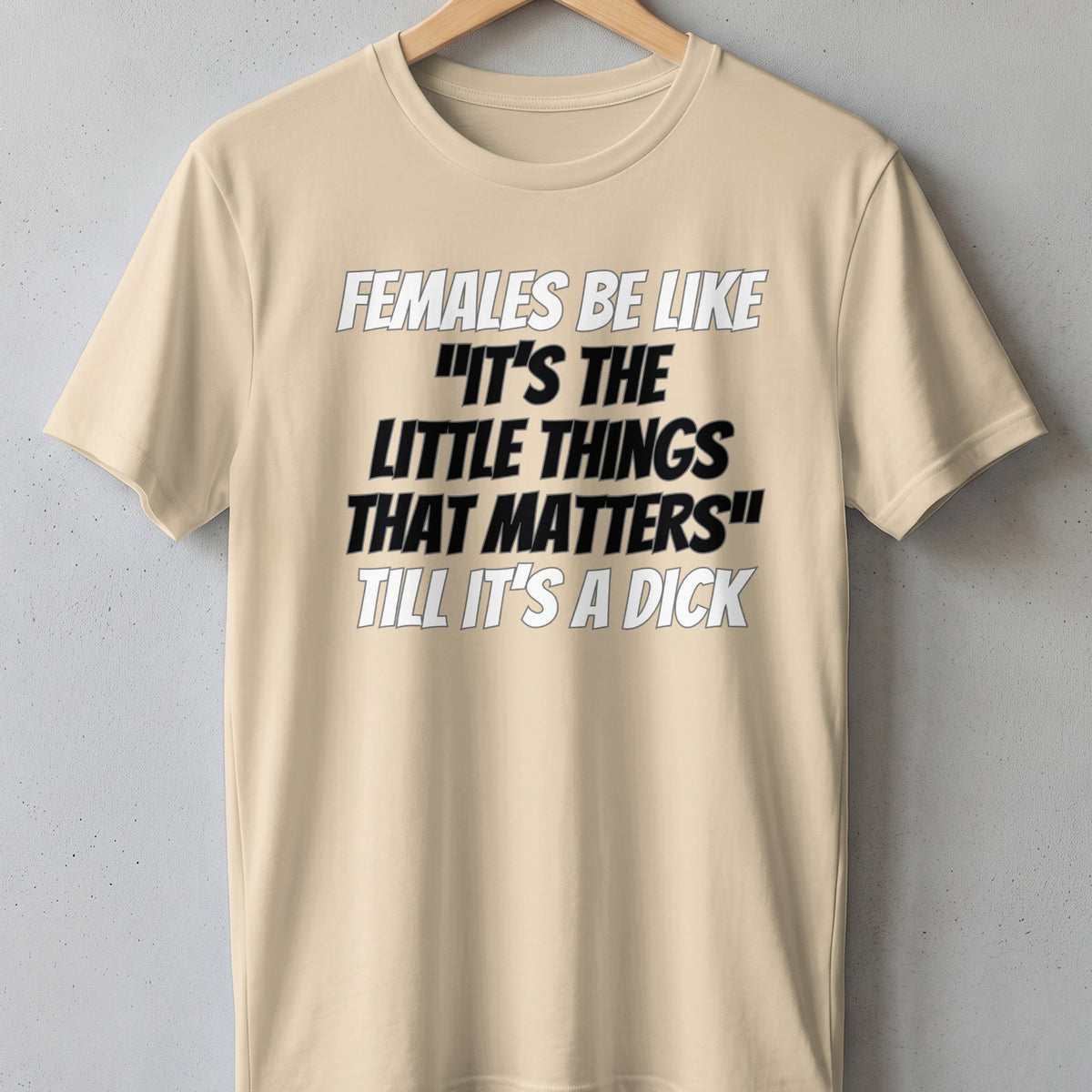 Light beige t-shirt with white and black text reading "Females Be Like 'It's The Little Things That Matters' Till It's A Dick".