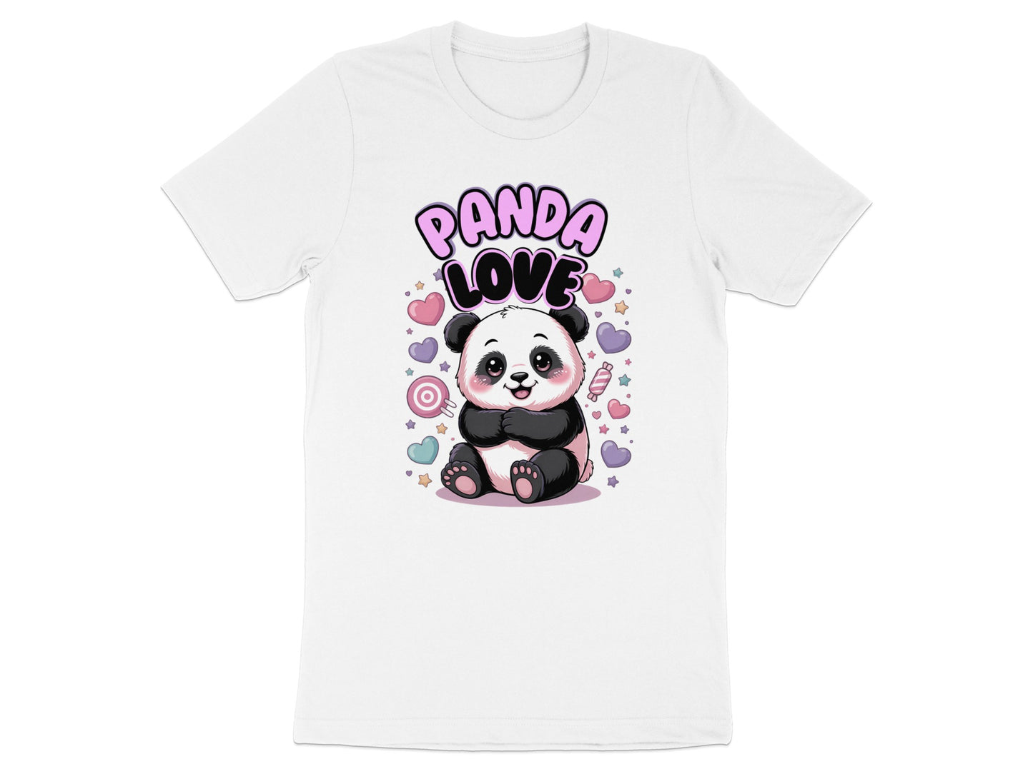 White t-shirt with "PANDA LOVE" text and a cartoon panda surrounded by hearts and candies.