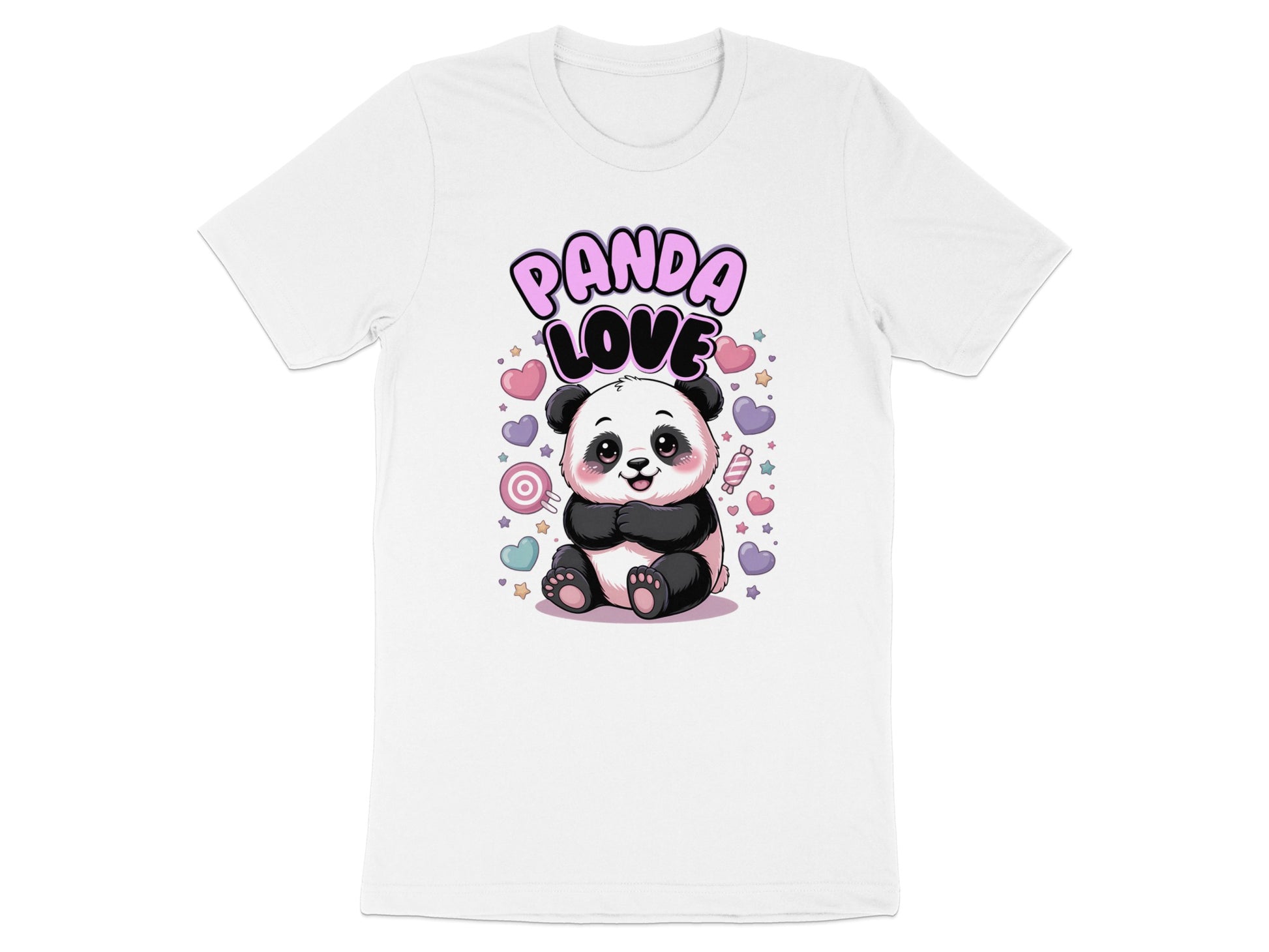 White t-shirt with "PANDA LOVE" text and a cartoon panda surrounded by hearts and candies.