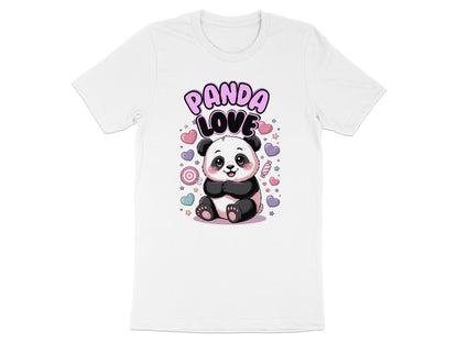 White t-shirt with "PANDA LOVE" text and a cartoon panda surrounded by hearts and candies.
