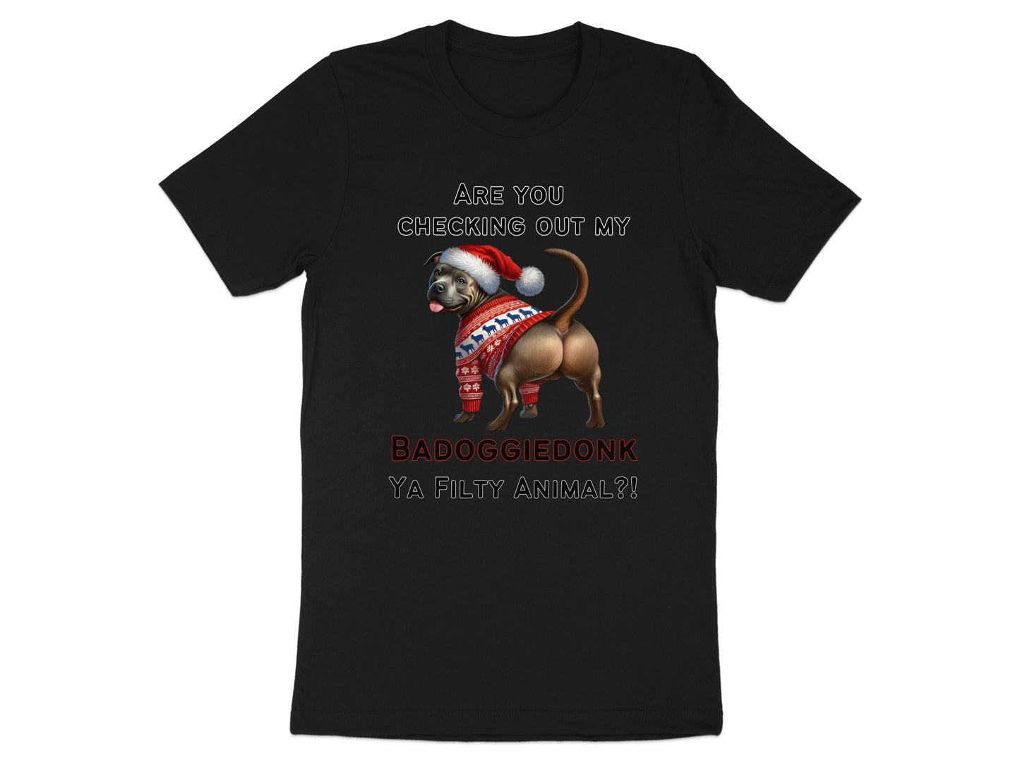 Black t-shirt with distressed text and a dog wearing a Santa hat and sweater.