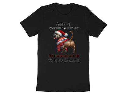 Black t-shirt with distressed text and a dog wearing a Santa hat and sweater.