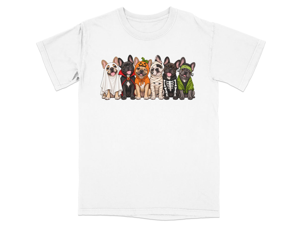 Six French bulldogs in Halloween costumes including ghost, vampire, pumpkin, mummy, and Frankenstein.