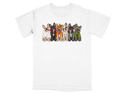 Six French bulldogs in Halloween costumes including ghost, vampire, pumpkin, mummy, and Frankenstein.