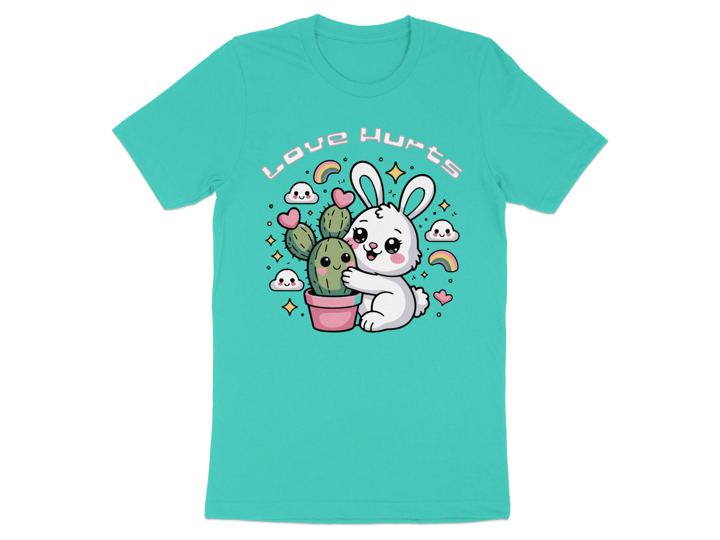 Cute white bunny hugging a potted cactus with hearts and rainbows and text.