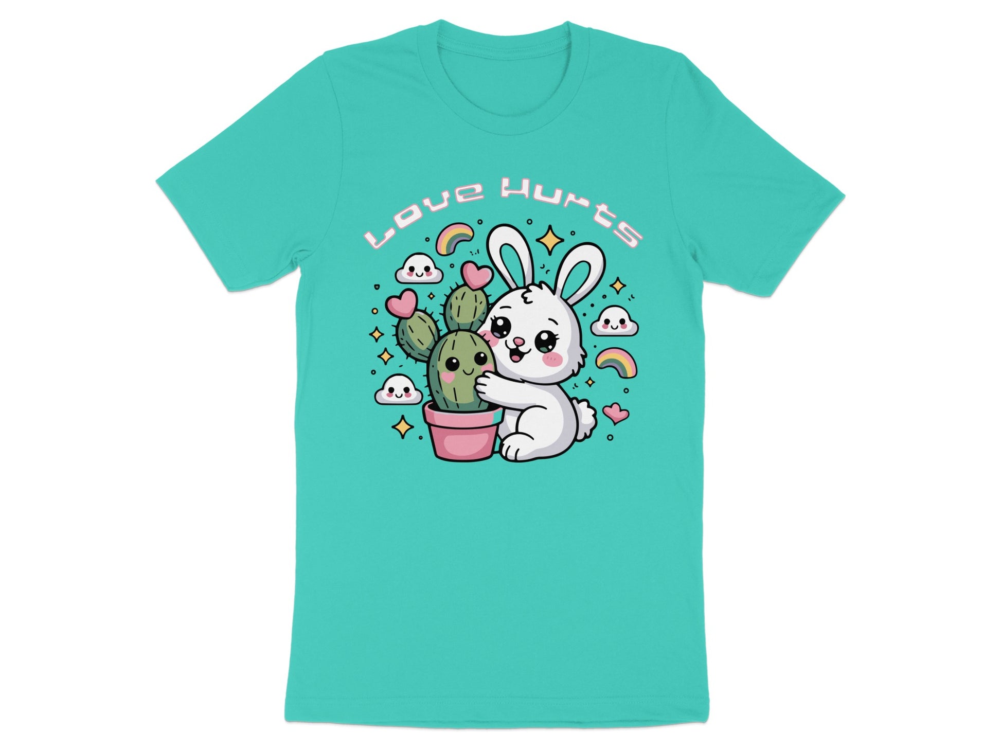 Cute white bunny hugging a potted cactus with hearts and rainbows and text.