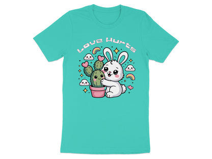 Cute white bunny hugging a potted cactus with hearts and rainbows and text.