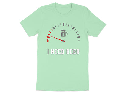 Mint green t-shirt with a beer gauge graphic and text "I NEED BEER".